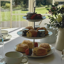 Picture of a cake stand with sandwiches and cakes