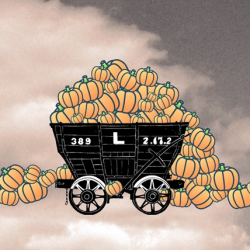 Graphic of coal cart filled with pumpkins