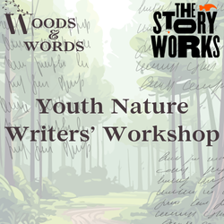 Forest with a path through it and logo Woods and Words and The Story Works