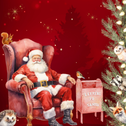 Santa with a post box next to him with animals looking at him