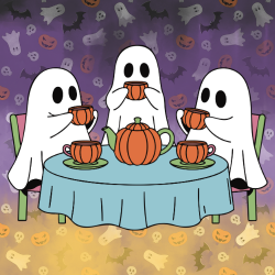 Three ghosts at a table drinking tea from pumpkin shaped cups and teapot