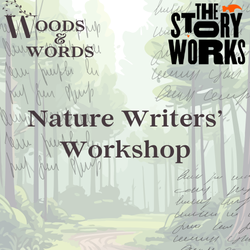 Forest with a path through it and logo Woods and Words and The Story Works