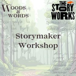 Forest with a path through it and logo Woods and Words and The Story Works