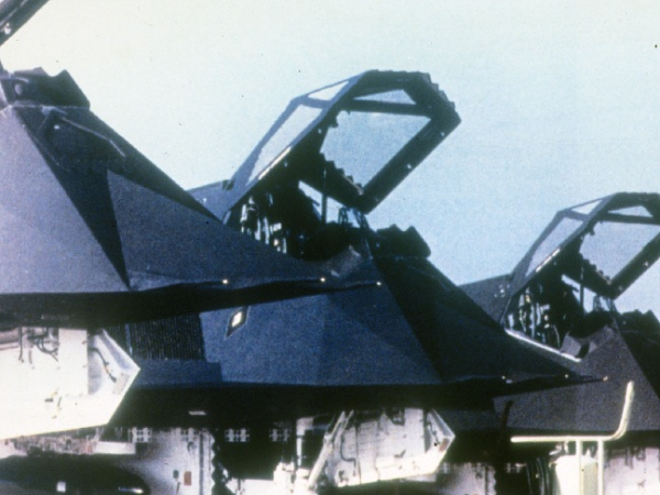 Lockheed F-117A stealth fighters in a line