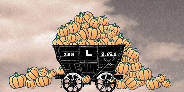 Graphic of coal cart filled with pumpkins