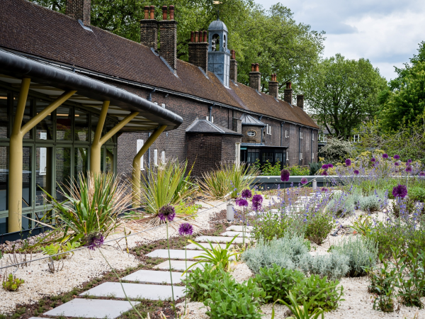 The roof garden at museum of the home, assorted plants on a gravel base, the museum buildings in the background