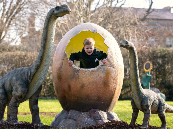 A young child leans out of a large dinosaur egg with one dinosaur either side of the egg