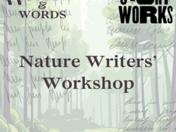 Forest with a path through it and logo Woods and Words and The Story Works