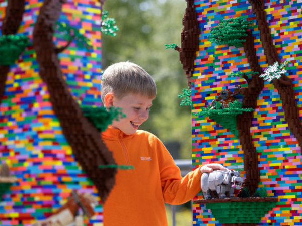 Boy in an orange sweatshirt interacting with a small brick-built animal display set into a colorful brick-built arch.