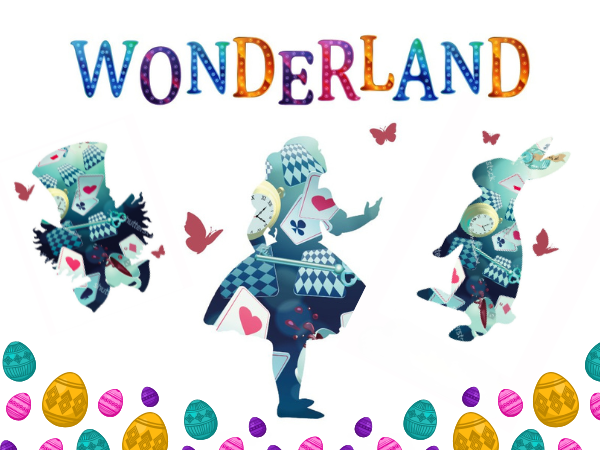 Image outline of Alice in Wonderland, easter bunny and mad hatter