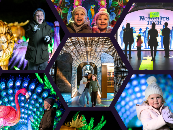 Promotional image for The Dublin Double Ticket featuring EPIC Museum and Wild Lights at Dublin Zoo with illuminated sculptures and promotional images from inside EPIC