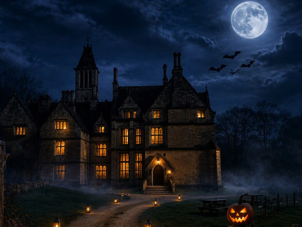 AI-generated Halloween-themed illustration of Woodchester Mansion at night, with illuminated windows, a full moon, flying bats, mist-covered grounds, lantern-lit pathways, and a glowing jack-o’-lantern in the foreground.
