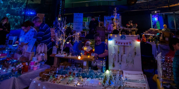 Market-type stalls in a darkened room with string fairy lights and people shopping