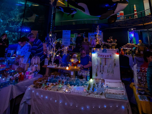 Adults at the Aquarium with Christmas Market