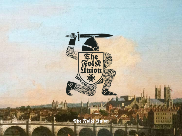 A photo of a cityscape under pastel coloured sky, with The Folk Union's logo placed centre.