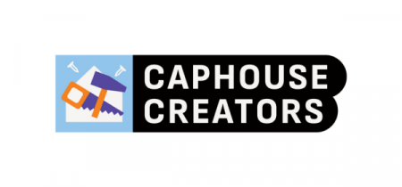 Caphouse Creators logo. A saw and hammer with nails on top of a tool shed outline.