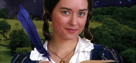 Elizabeth Bennet from Pride and Prejudice with a book and quill