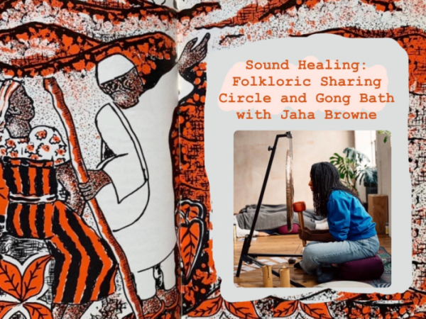 A practitioner plays a gong close to their face, in a photo against a red and white printed design in the background. Caption: 