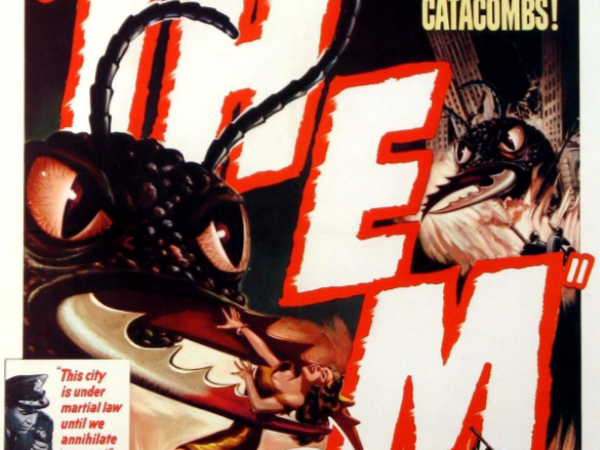 Film poster with title THEM and giant ant-like creatures.