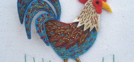 Stumpwork embroidery: cockerel