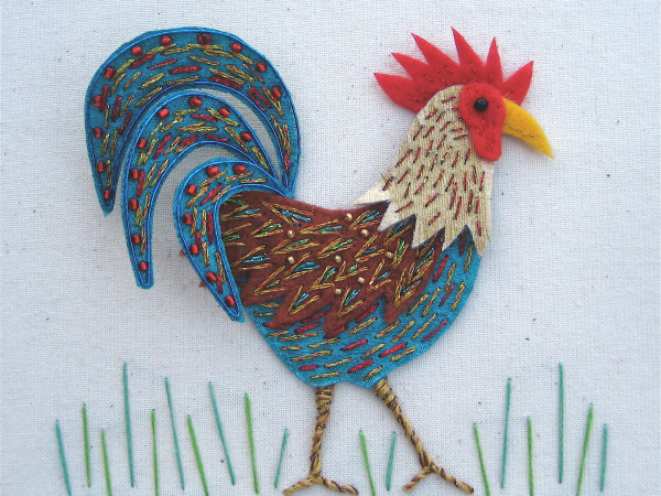 Stumpwork embroidery: cockerel