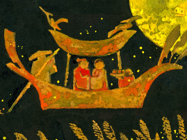 a painting in black and gold, of a boat rowing people below a large sun/ moon.