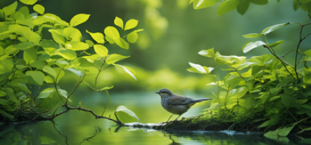 bird perched at the side of a river surrounded by green trees