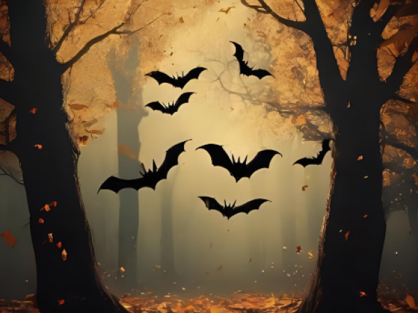 bats flying through a forest with orange autumn leaves