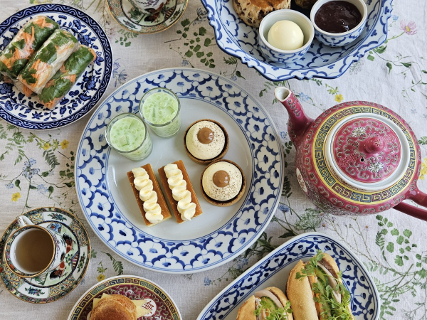 A Vietnamese-inspired 'afternoon tea' on a floral tablecloth