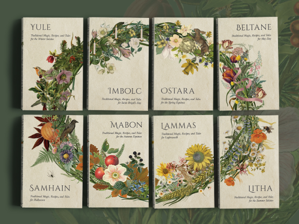 A collection of 8 book covers' designs come together to form a picture of a winter wreath. The titles are Yule, Imbolc, Ostara, Beltane, Samhain, Mabon, Lammas and Litha