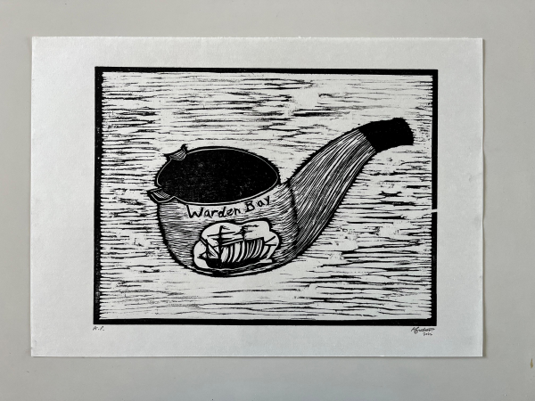 A black and white woodcut print of a pipe inspired by the museums collection