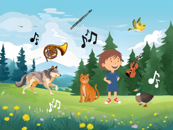 Cartoon forest clearing scene featuring a boy, a wolf, other animals, music notes and musical instruments