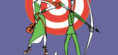 A cartoon image of Robin Hood, Maid Marian and a cat in front of an archery target