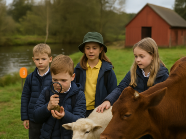 Children studying lambs in a pen