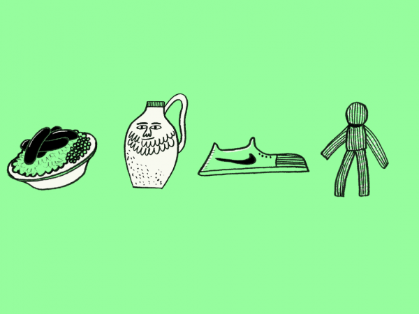 A sketch illustration of bangers and mash, a clay jug, a Nike trainer and a corn doll, on green background