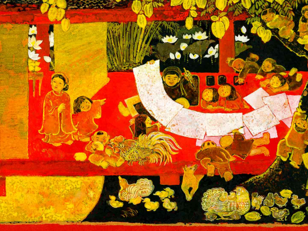 A lacquer painting depicting a family scene in hues of red and organge.