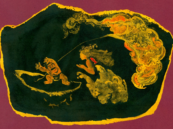 A cropped lacquer-inspired painting depicting a scene including water, fish and birds in hues of purple, blue, orange and gold