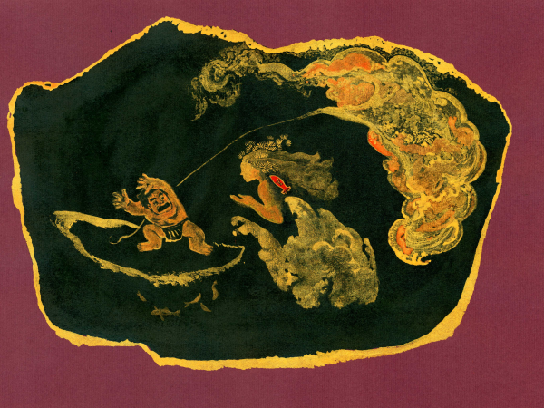 A cropped lacquer painting depicting a scene including water, fish and birds in hues of purple, blue, orange and gold