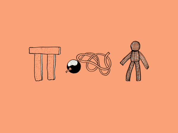 A sketch illustration of stonehenge, a conker on a string, and a corn dolly, on orange background