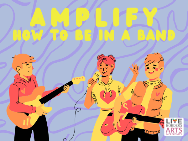 illustration of three young people playing instruments joyfully on a purple swirl background
