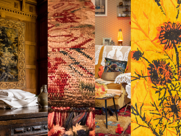 4 photos laid out in vertical sections, showing different textiles and period rooms from the museum..