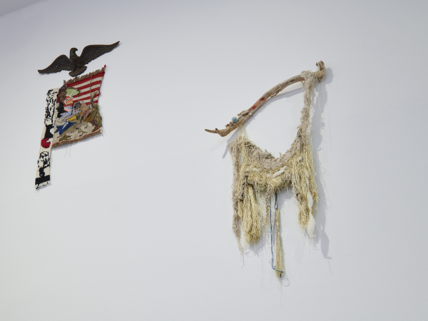 Two weaved artworks by Candace Hill-Montogmery on the gallery wall at Kettle's Yard