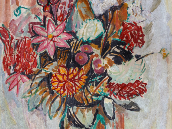A painting of a vase of red and orange flowers.