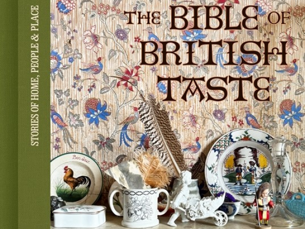 Book cover for 'Bible of British Taste': vintage ornaments on a mantlepiece against floral wallpaper.