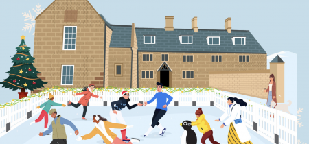 Illustration of ice rink in front of the farmhouse