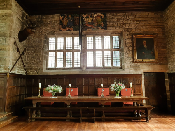 Large oak table in the Banqueting Hall at Hoghton Tower