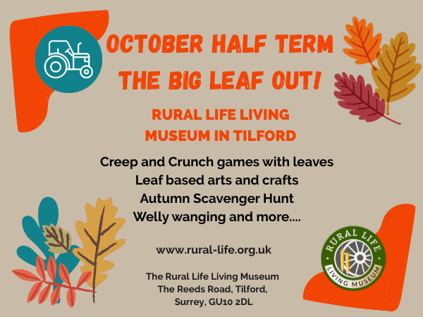 Tractor, autumn leaves, text and logo