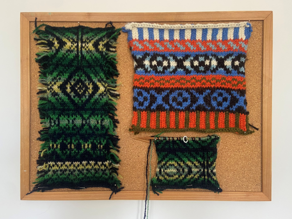 Three samples of patterned kitting.