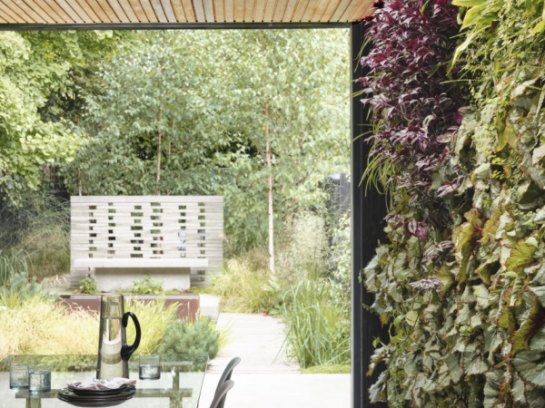 A view through a modern, open-plan kitchen out to a lush green garden.