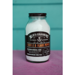Glass jar thistle and black pepper bath soak